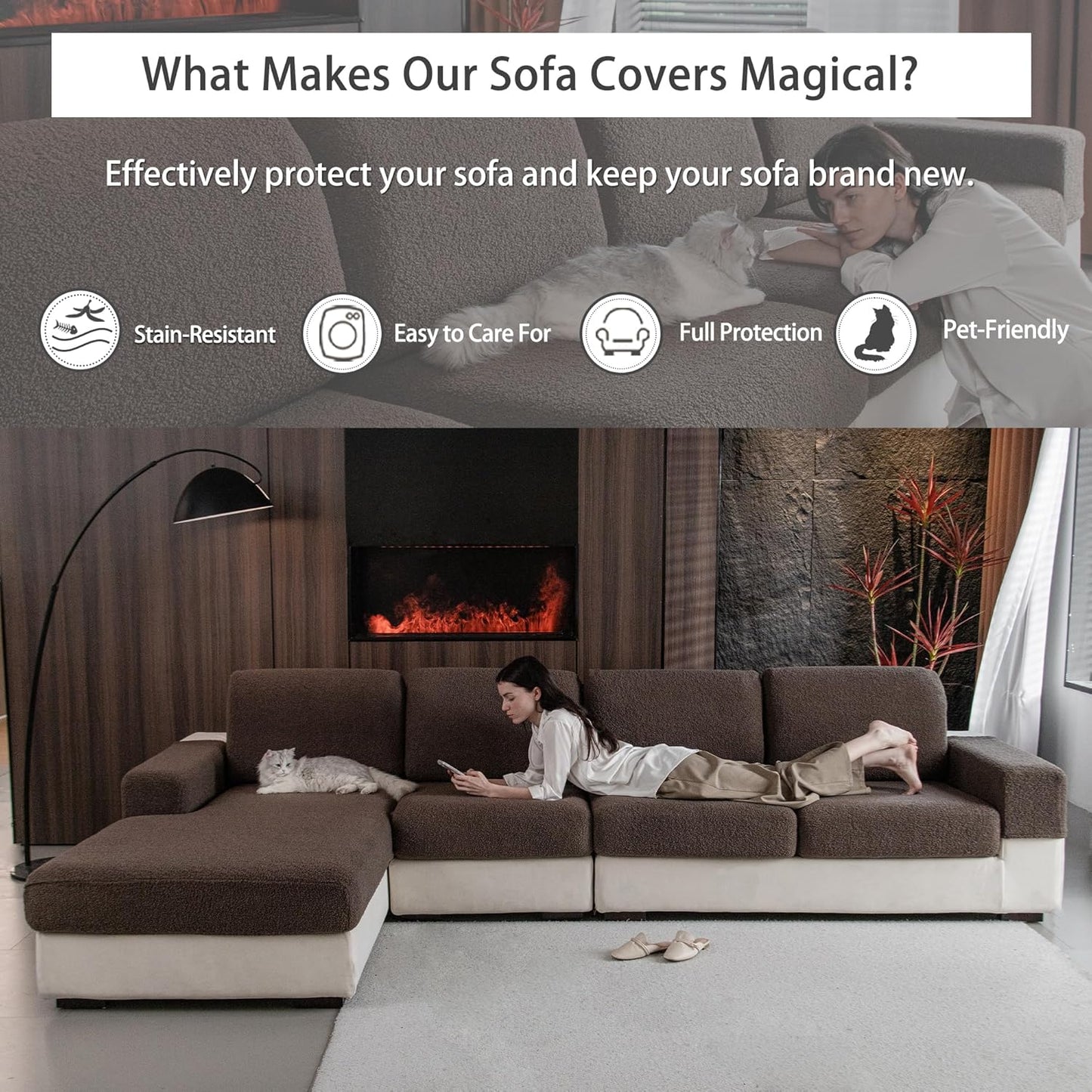 Couch Cushion Covers for Sectional Sofa, Stretch Soft Sofa Slipcovers Washable Wear-Resistant Universal Furniture Protector for Living Room(1 Piece Large Cover, Brown)