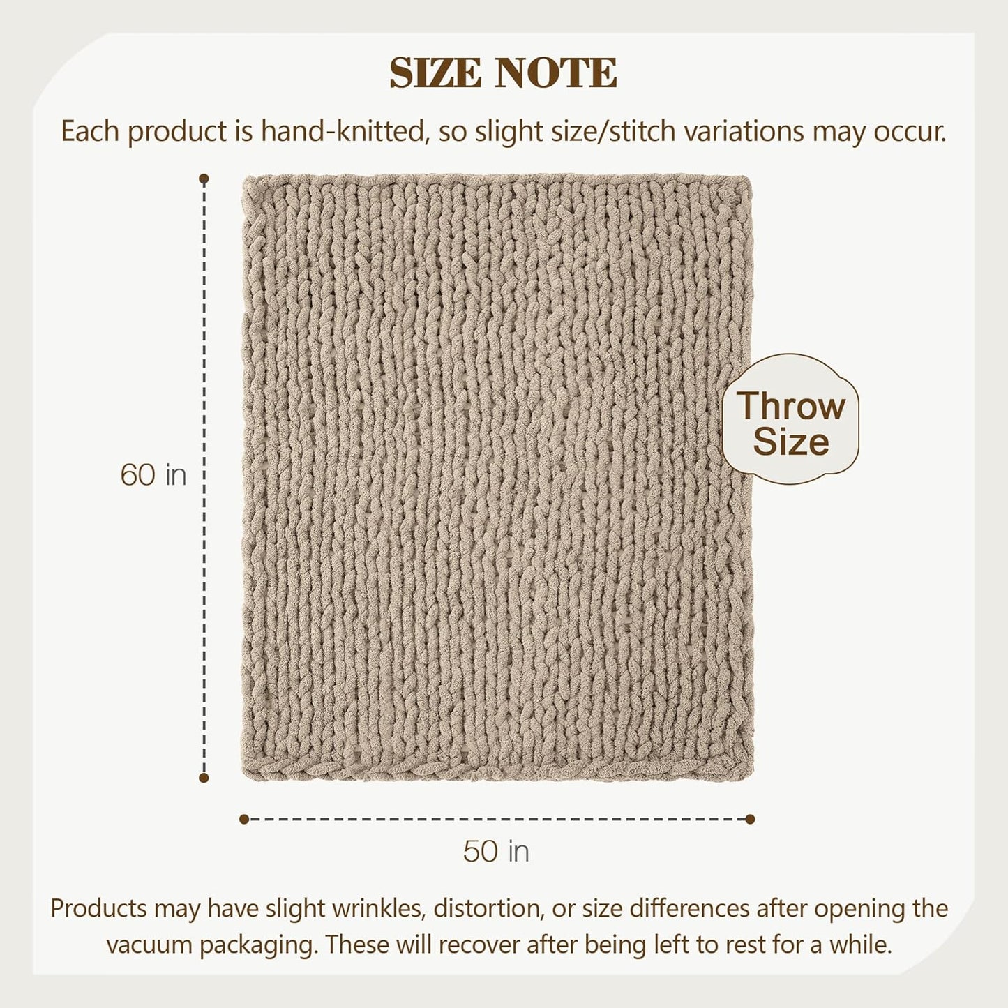 Carriediosa Chunky Knit Throw Blanket 50" X 60", 100% Hand Made Large Chenille Loop Yarn Soft Fluffy Throws for Couch Sofa Bed, Big Crochet Cozy Heavy Thick Cable Woven Blankets, Taupe