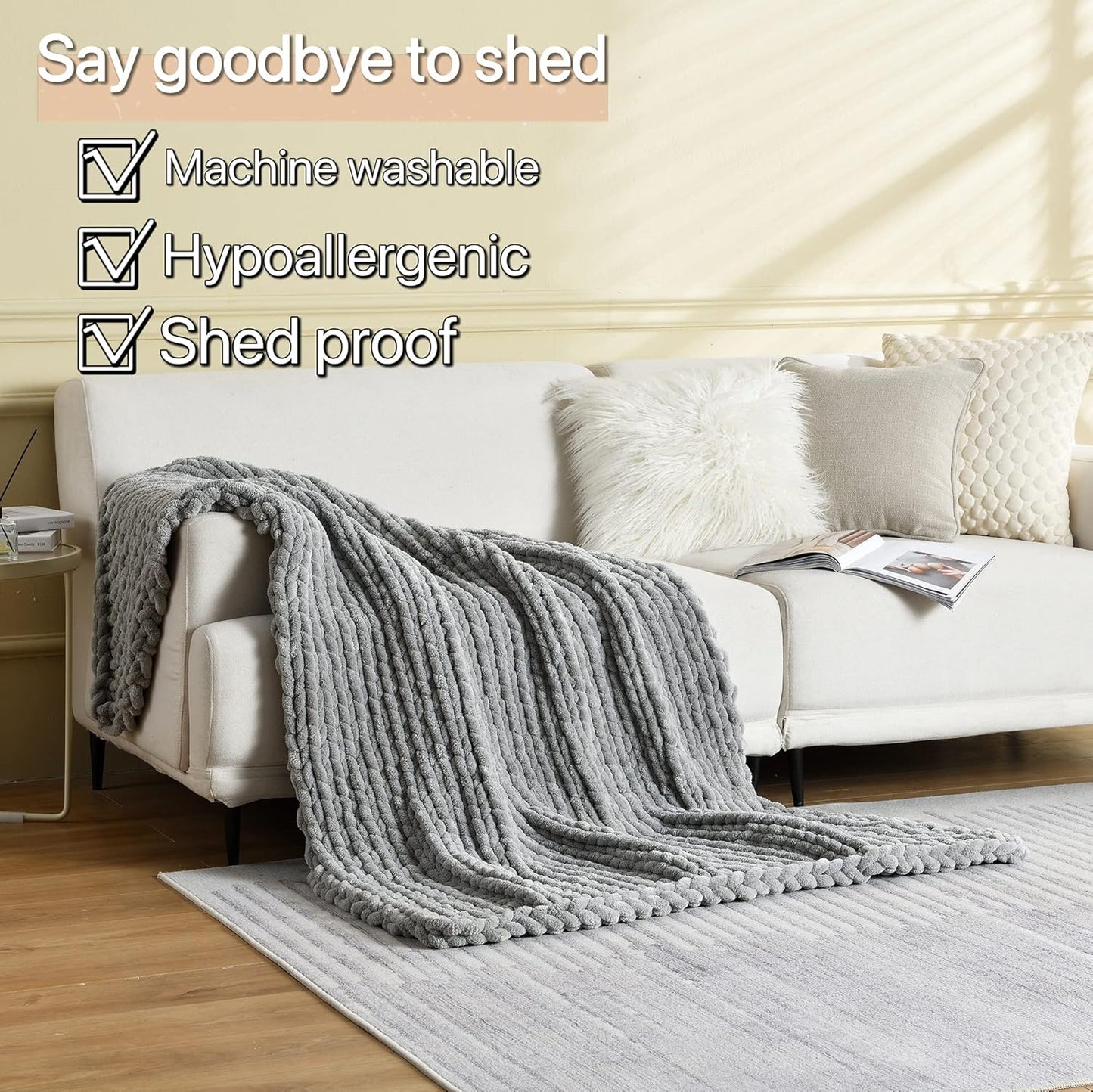 Maetoow Tighter Version Chenille Chunky Knit Blanket Throw （50×60 Inch）, Handmade Warm & Cozy Blanket Couch, Bed, Home Decor, Soft Fleece Banket, Boho Thick Blankets and Giant Yarn Throws，Light Grey