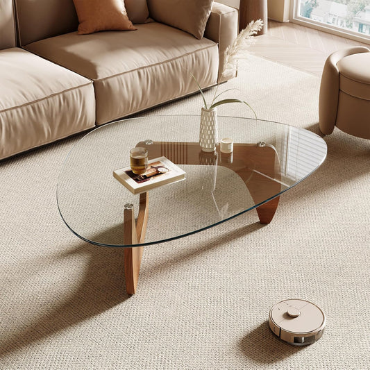 Honyee Morden Coffee Table, 42.5" x 28.5" x 16.1" Triangle Tempered Glass Top for Living Room, Color: Natural Wood