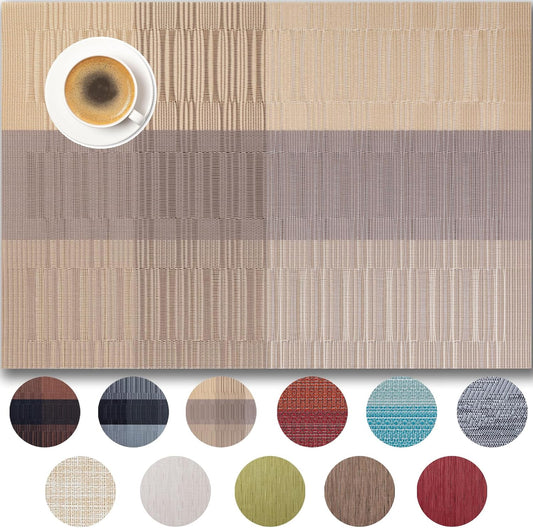 Placemats Set of 12 - Easy Clean Woven Vinyl Placemats for Dining Table, Indoor/Outdoor Place Mats, Washable PVC Table Mats （Gold Dune）
