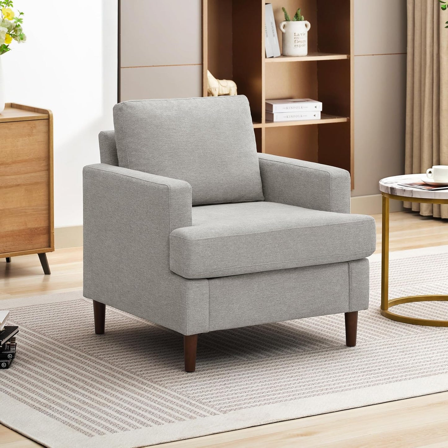 Mid-Century Accent Chair,Modern Linen Fabric Armchair for Living Room,Comfy Upholstered Reading Accent Chairs for Bedroom,Single Sofa Chair with Wood Legs (Light Grey, 1 Pack)