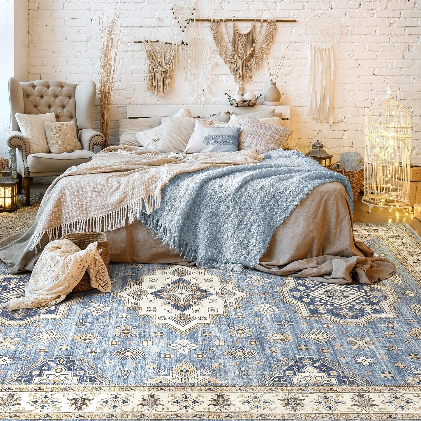 Washable Area Rugs for Living Room - 6x9 Neutral Vintage Distressed Floral Farmhouse Boho Large Soft Floor Rug Indoor Non Slip Carpet for Living Room Bedroom Dining Room Office - Blue
