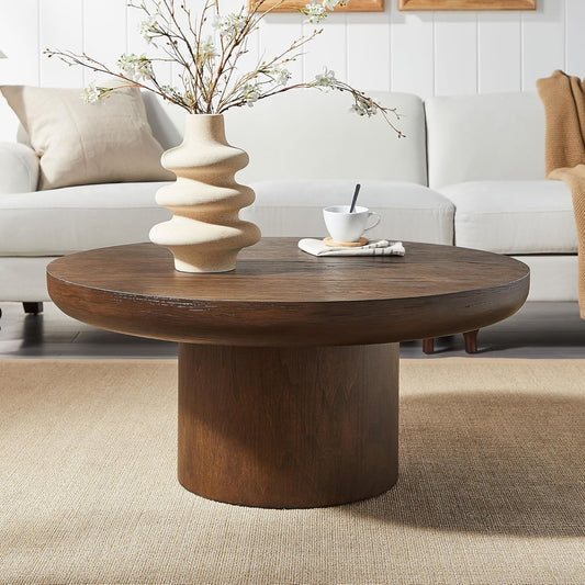 WILLIAMSPACE 35.98" Round Coffee Table with Cylindrical Base, Modern Wood Drum Center Table, Accent Side End Table for Living Room Apartment, φ35.98"*15.98"H (Dark Brown)