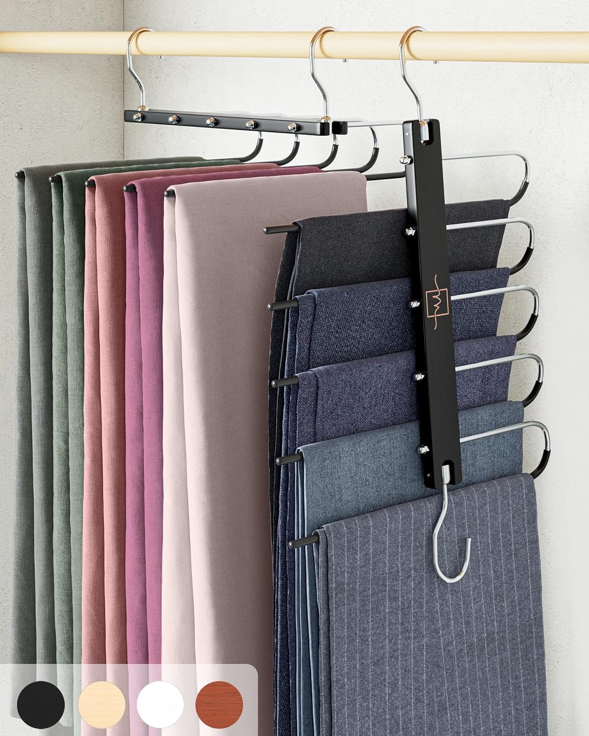 MORALVE Pants Hangers Space Saving - 2 Pack European Beechwood Scarf and Jean Hangers - Closet Organizer and Space Saver Pant Rack, Leggings Hanger, and Scarf Holder with 360° Swivel Hook