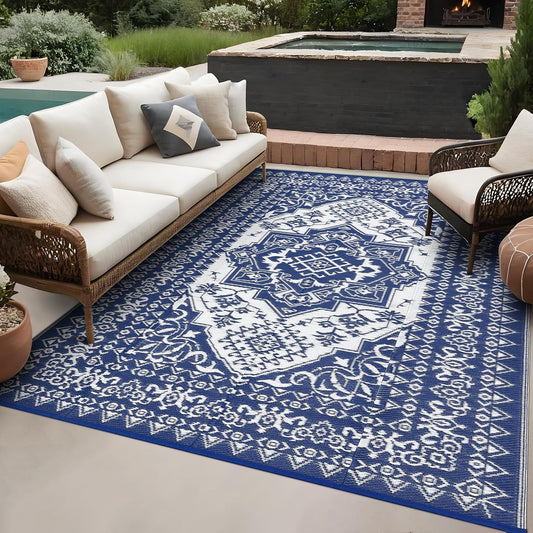 GAOMON Large Outdoor Plastic Straw Rug 10x14 Waterproof Patio Rug Reversible Foldable Portale Camping Mat with Stakes & Bag, Vintage Boho Outside Carpet for RV Garden Deck Porch, Navy