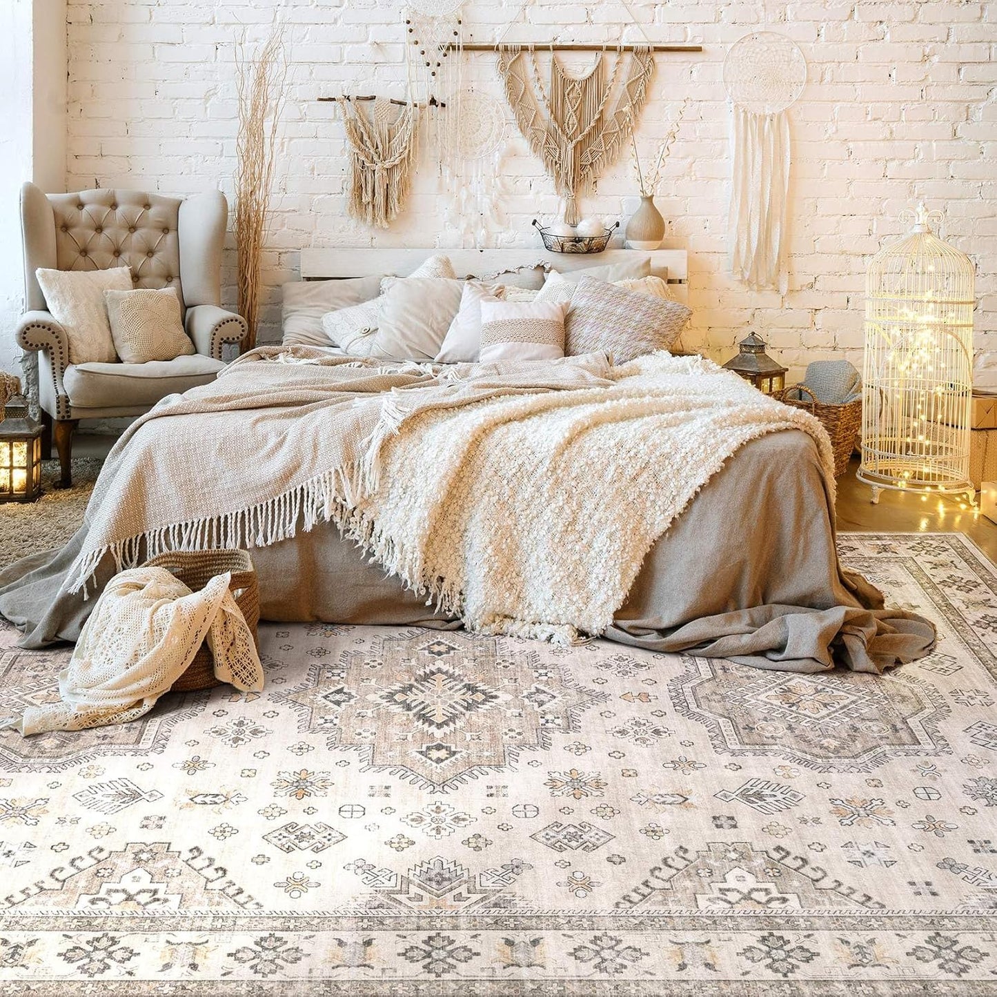 Washable Area Rugs for Living Room -10x12 Neutral Vintage Distressed Floral Farmhouse Boho Large Soft Floor Rug Indoor Non Slip Carpet for Living Room Bedroom Dining Room Office-Beige Brown