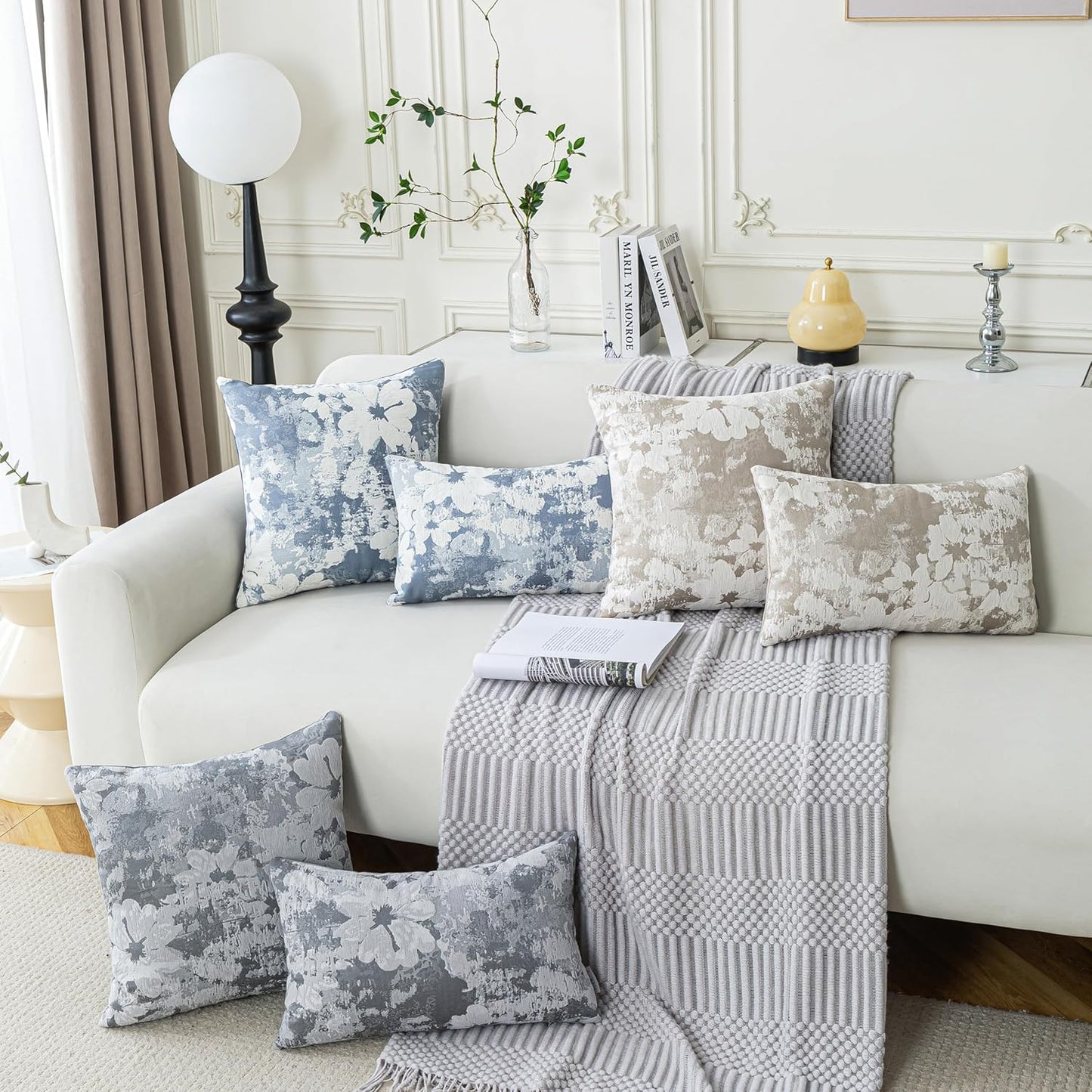 Jacquard Throw Pillow Covers 12x20 Inch Set of 2 - Vintage Floral Boho Pillow Cases with Botanical Pattern | Farmhouse Decor for Couch | Soft Textured Neutral Trio Light Khaki Warm Beige 12" x 20"