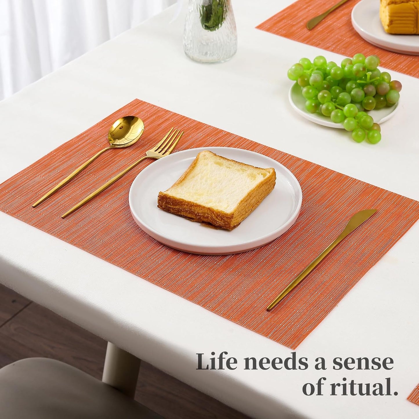 Leetaltree Orange Placemats Set of 12 - Heat Resistant Non-Slip Place mats for Dining Table, Washable Durable PVC Vinyl Woven Table Mats（Orange, 12）