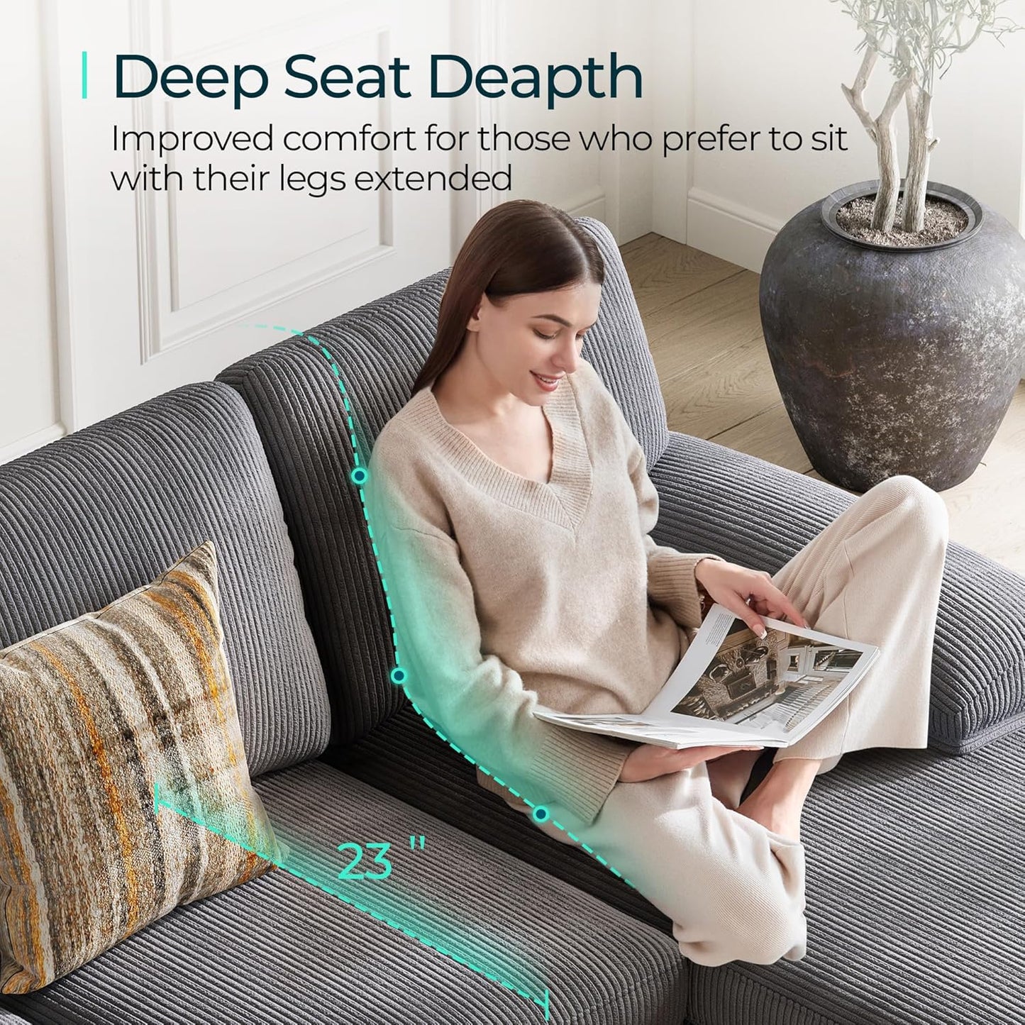 LINSY HOME Sectional Couch, 111'' W Corduroy U Shaped Sofa with Sleepable Armrests, 4 Seat Couch with Double Chaises, Deep Sofa for Living Room, Grey