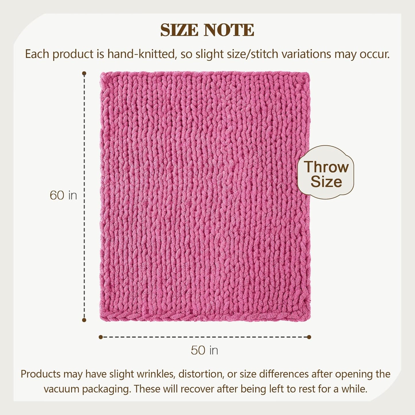 Carriediosa Chunky Knit Throw Blanket 50" X 60", 100% Hand Made Large Chenille Loop Yarn Soft Fluffy Throws for Couch Sofa Bed, Big Crochet Cozy Heavy Thick Cable Woven Blankets, Hot Pink