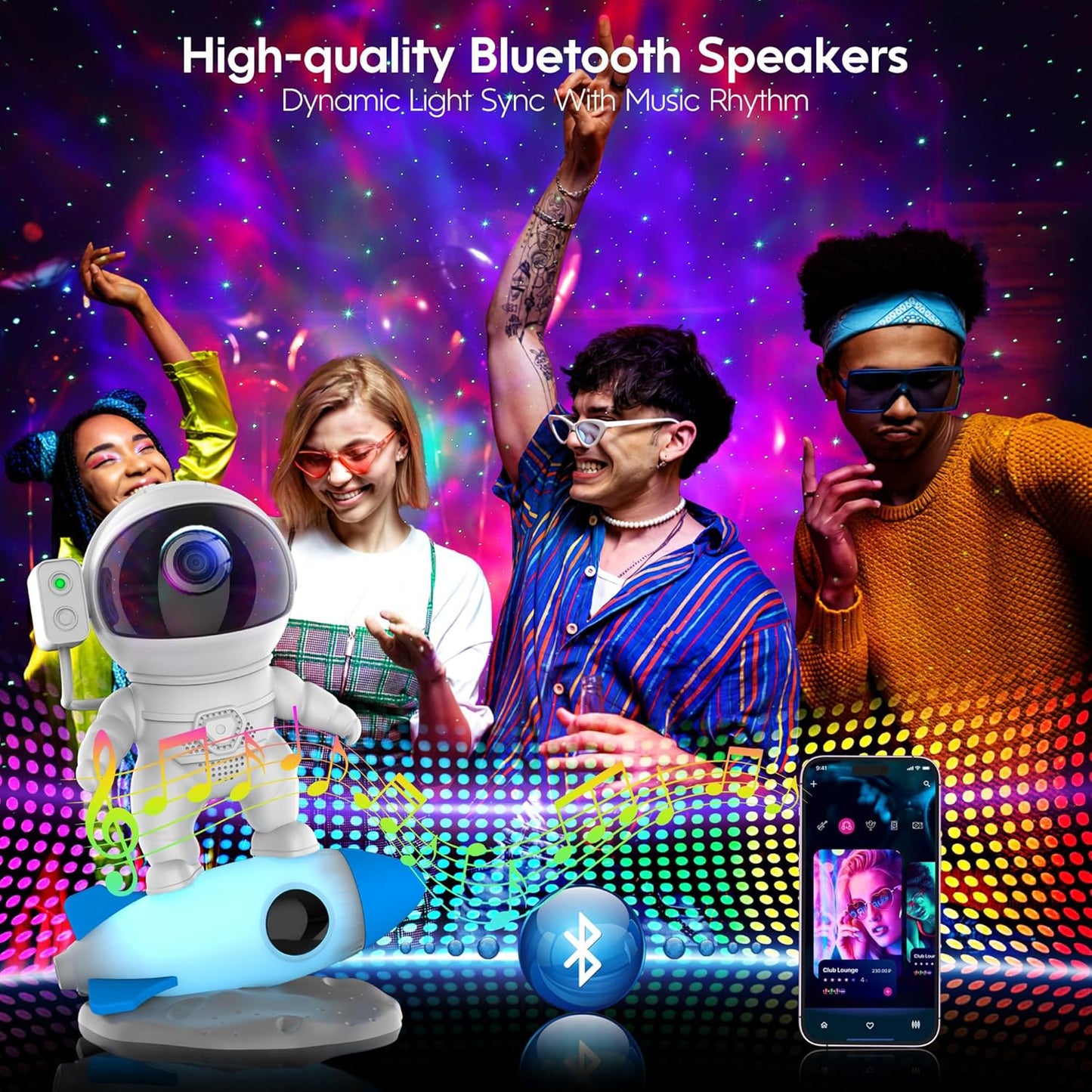 FlyEagle Astronaut Galaxy Projector, Star Nebula Projector with Rocket Lamp, Night Lights LED Star Projector for Bedroom, Remote Control, White Noises, Bluetooth Speaker for Bedroom