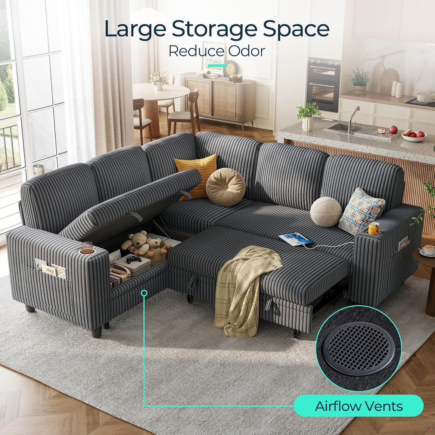 LINSY HOME Sectional Sleeper Sofa with Pull Out Couch Bed - Convertible Plush Corduroy Cloud Couch with Storage Chaise & USB Charging, Comfy L Shaped Modular Couches for Living Room Apartment (Grey)