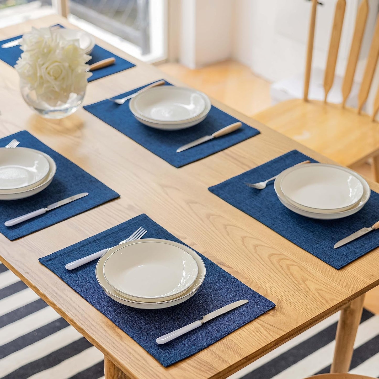 Demetex Place Mats Set of 6 Farmhouse Heat Resistant Table Linen Placemats for Party Buffet and Camping, Navy Blue