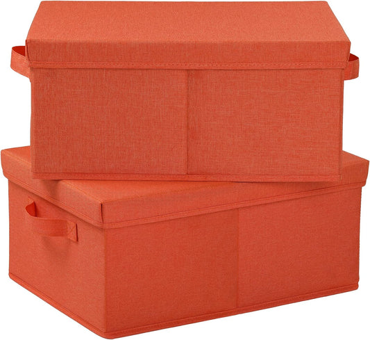 HOONEX Storage Bins with Lids for Organizing, Pack of 2, Storage Boxes with 2 Carrying Handles and Sturdy Heavy Cardboard, 16.5" L x 11.8" W x 7.5" H for Shoes, Books, Clothes, Nursery, Orange