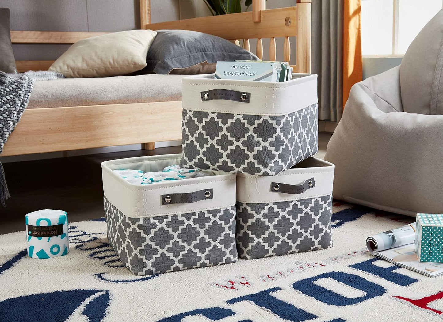 DECOMOMO Grey Storage Bins Fabric Storage Baskets for Shelves, Linen Closet Organization Toys Nursery (Grey Patterns, Large - 3 Pack)
