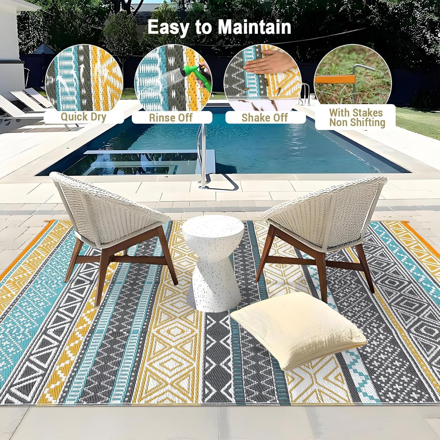 GAOMON Outdoor Rug 9'x12' Waterproof Rug for Patio Decor, Foldable Reversible Plastic Straw Area Rugs Mat for Camper, Outside Carpet for Deck, Porch, Picnic, Beach, Teal/Yellow(Bohemia)