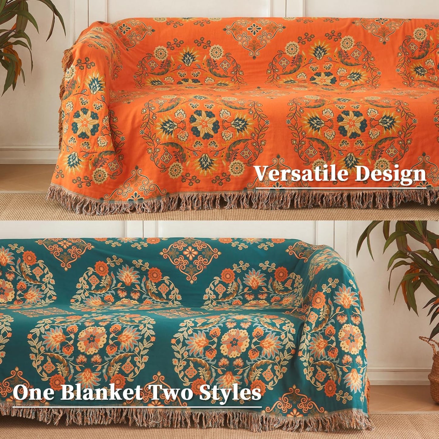 Colorful Throw Blanket Ultra Soft Cotton Orange Decorative Throw All Season Rustic Reversible Bohemian Throw Quilt Farmhouse Decoration(60"x80",04-Garland)