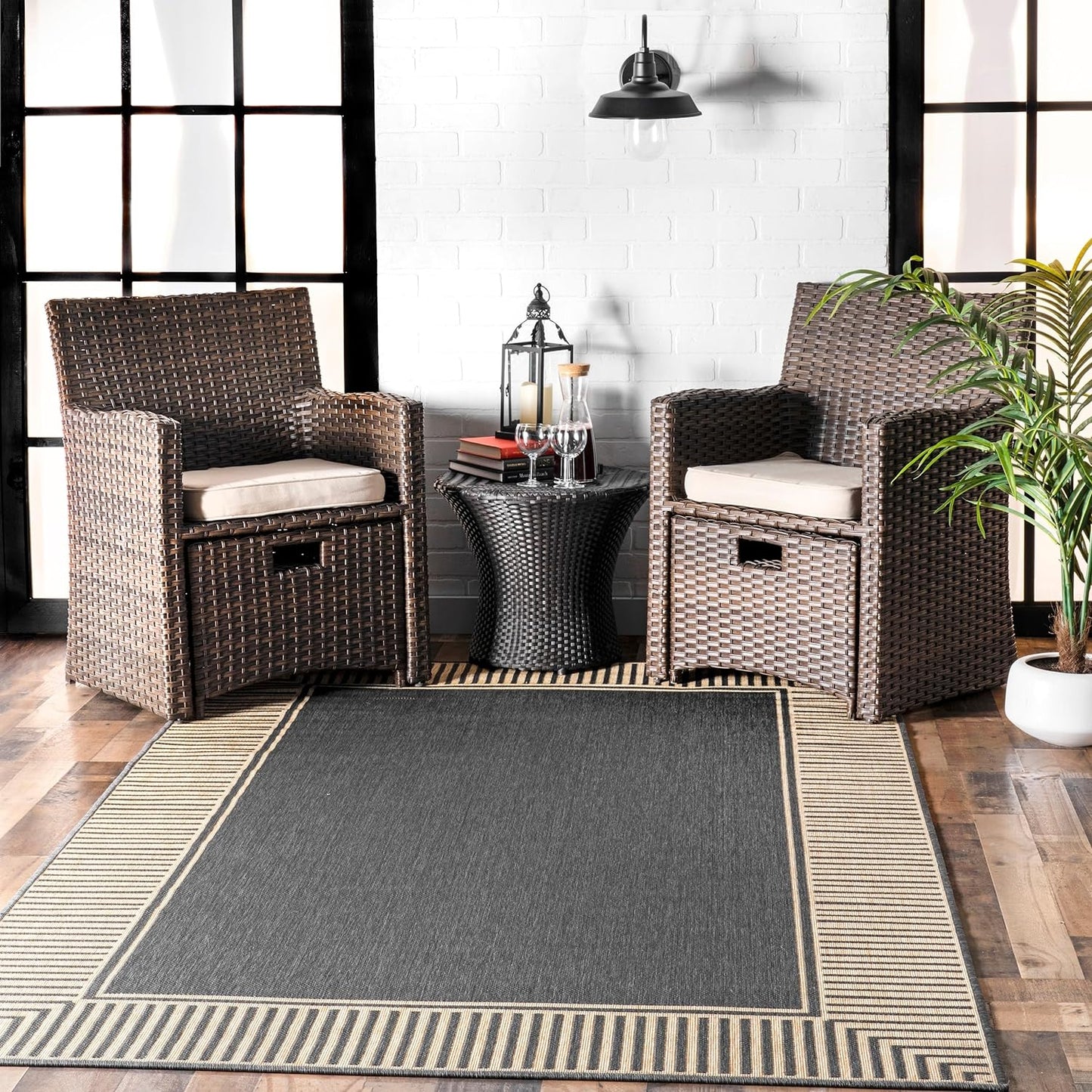 nuLOOM 6' 7" x 9' Outdoor Area Rug, Casual Design With Striped Border, Stain Resistant, Highly Durable, For Patio, Balcony, Bedroom, Living Room, Dining Room, Bathroom, Dark Grey