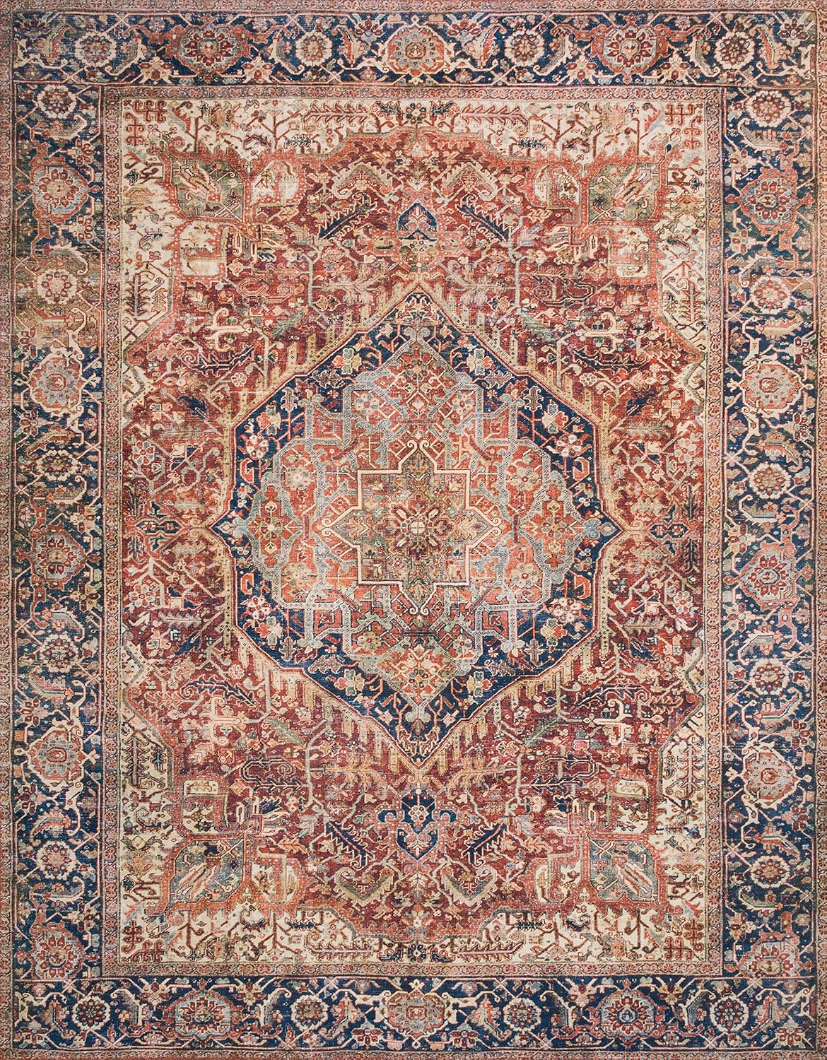 Loloi Layla Collection LAY-08 Red/Navy 5'-0" x 7'-6" .13" Thick Area Rug, Soft, Durable, Vintage Inspired, Distressed, Low Pile, Non-Shedding, Easy Clean, Printed, Living Room Rug