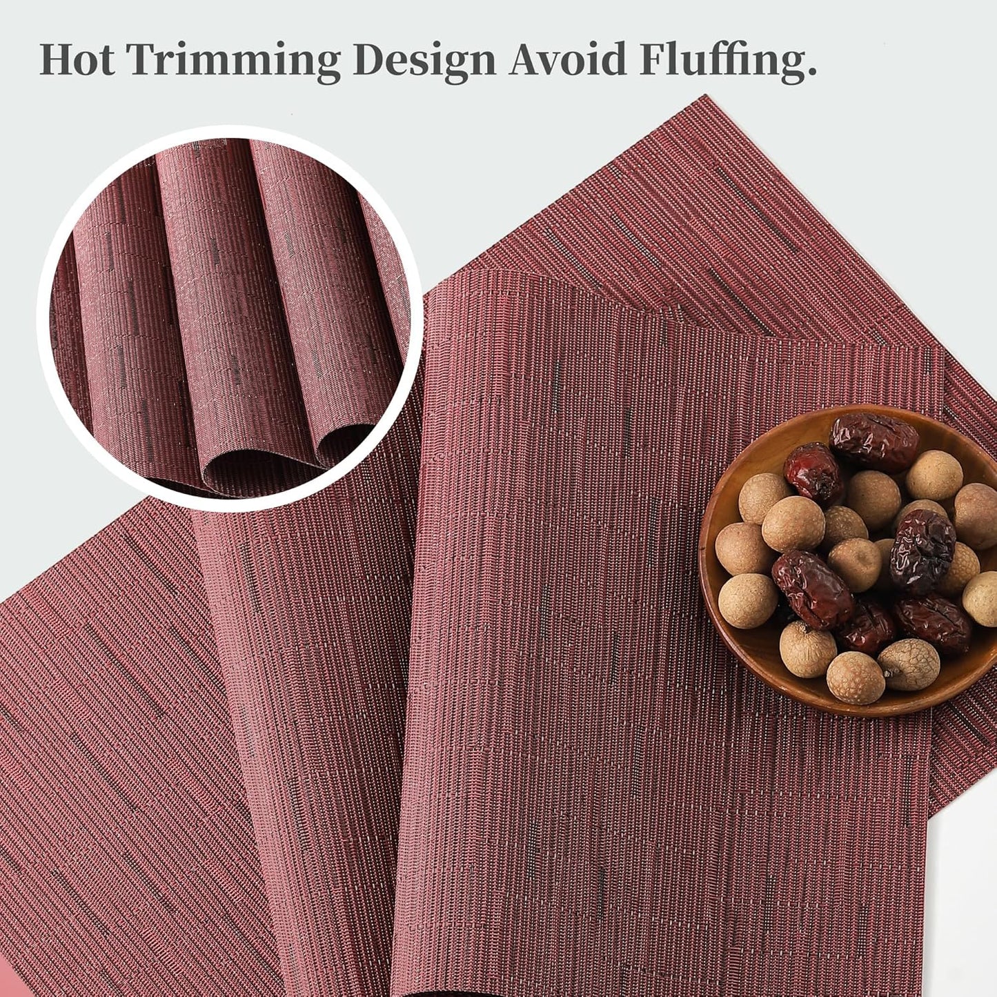 Leetaltree Burgundy Placemats Set of 6 - Heat Resistant Non-Slip Place mats for Dining Table, Washable Durable PVC Vinyl Woven Table Mats（Burgundy, 6）