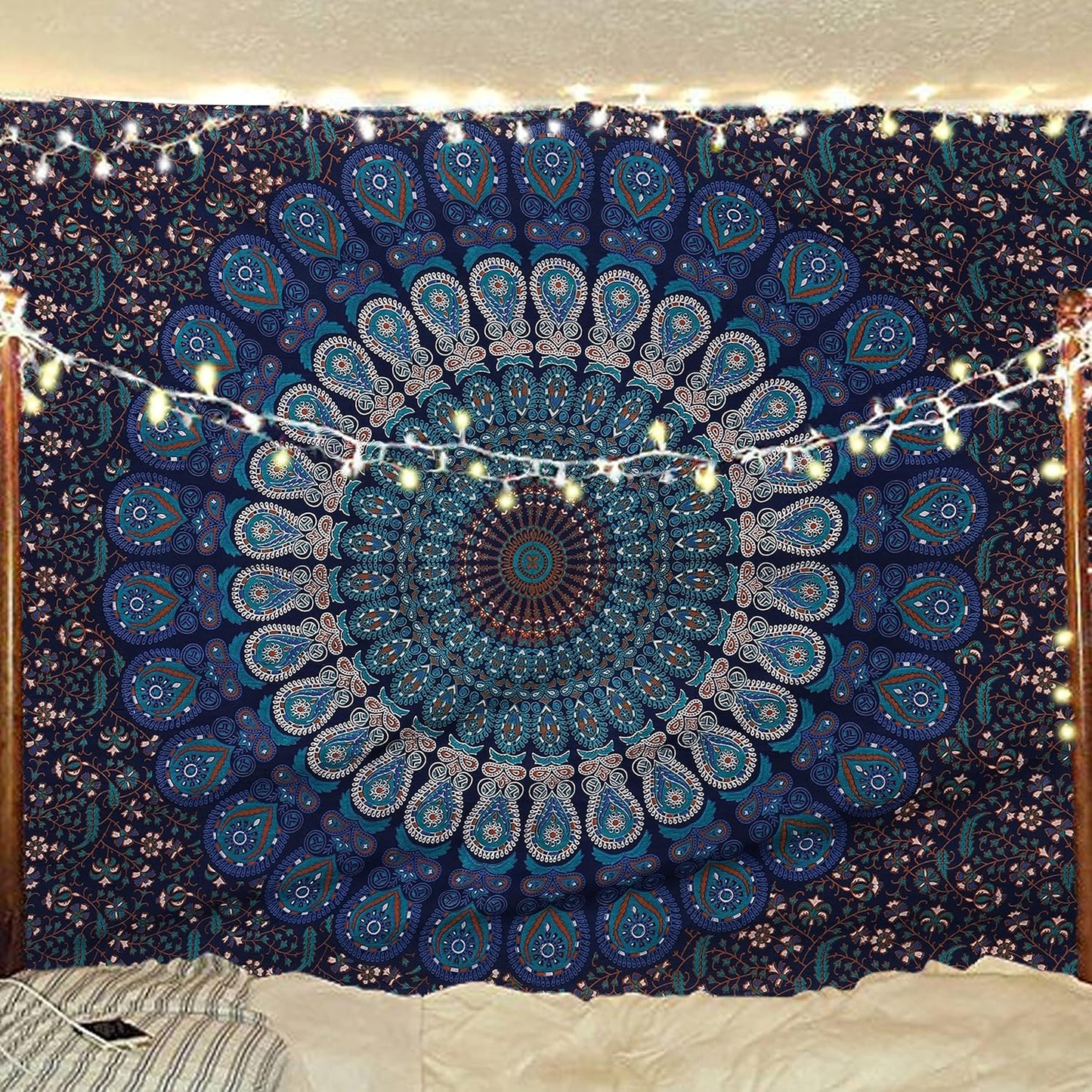 Bless International Handmade Indian hippie Bohemian Psychedelic Peacock Mandala Wall hanging College Dorm Beach Throws Table Cloth Bedding Tapestry (Blue Green, Poster(30x40Inches)(76x101cms))