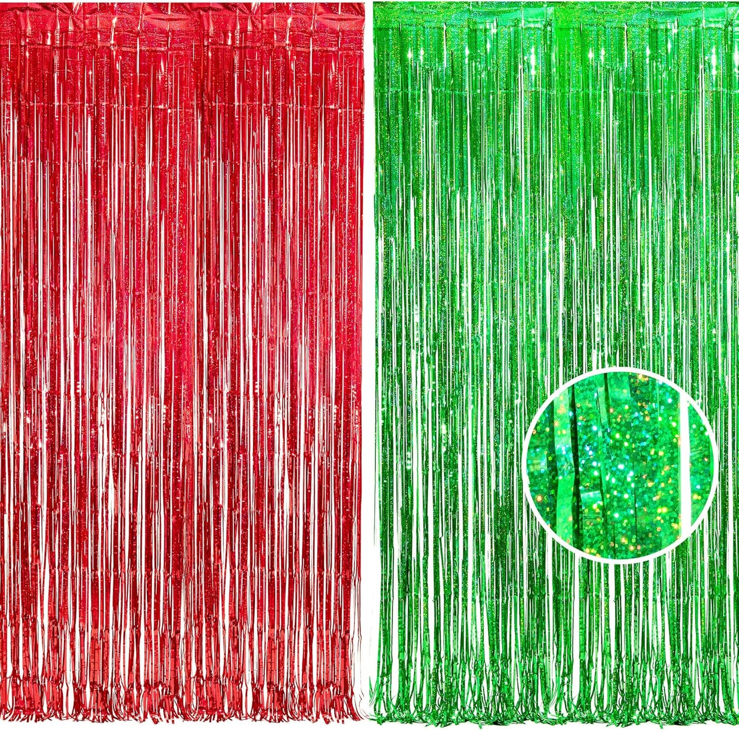 BRAVESHINE Tinsel Foil Fringe Curtains - 2 Pack 3.2 x 8.2 ft Metallic Photo Booth Streamer Backdrops for Birthdays Fiestas Melons Hawaiian Luau Tropical-Theme Christmas Party Decorations - Red Green