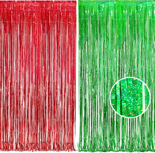 BRAVESHINE Tinsel Foil Fringe Curtains - 2 Pack 3.2 x 8.2 ft Metallic Photo Booth Streamer Backdrops for Birthdays Fiestas Melons Hawaiian Luau Tropical-Theme Christmas Party Decorations - Red Green