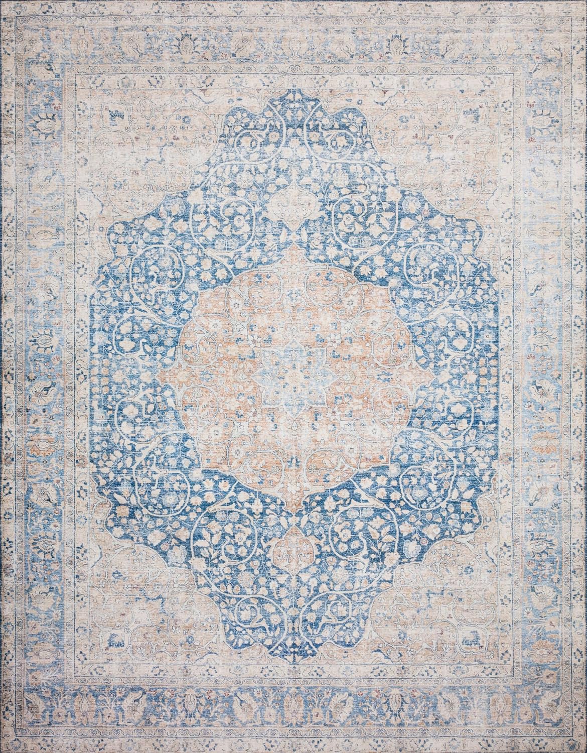 Loloi Layla Collection LAY-07 Blue/Tangerine 5'-0" x 7'-6" .13" Thick Area Rug, Soft, Durable, Vintage Inspired, Distressed, Low Pile, Non-Shedding, Easy Clean, Printed, Living Room Rug