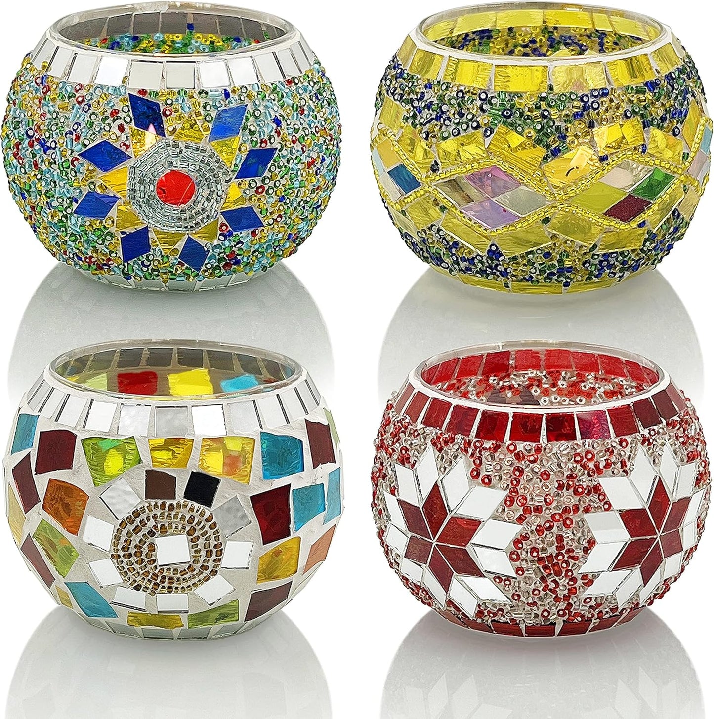 SHMILMH Glass Candle Holder Set of 4, Diwali Gift Votive Candle Holders Handmade Mosaic Glass Tealight Holders Diwali Christmas Table Decorations for Home