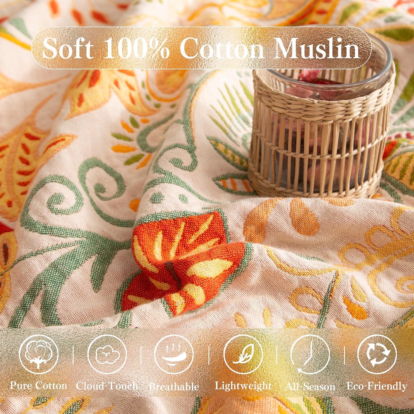 Boho Throw Blanket Queen Size, Oversized Soft Cozy Cotton Muslin Quilt Blanket for Bed Decor, Floral Patterned Couch Sofa Chair Cover, Vintage Farmhouse Cottage Woven Blanket, Coral&Green
