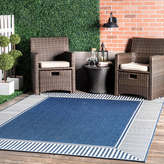 nuLOOM 4' x 6' Outdoor Area Rug, Casual Design With Striped Border, Stain Resistant, Highly Durable, For Patio, Balcony, Bedroom, Living Room, Dining Room, Bathroom, Navy