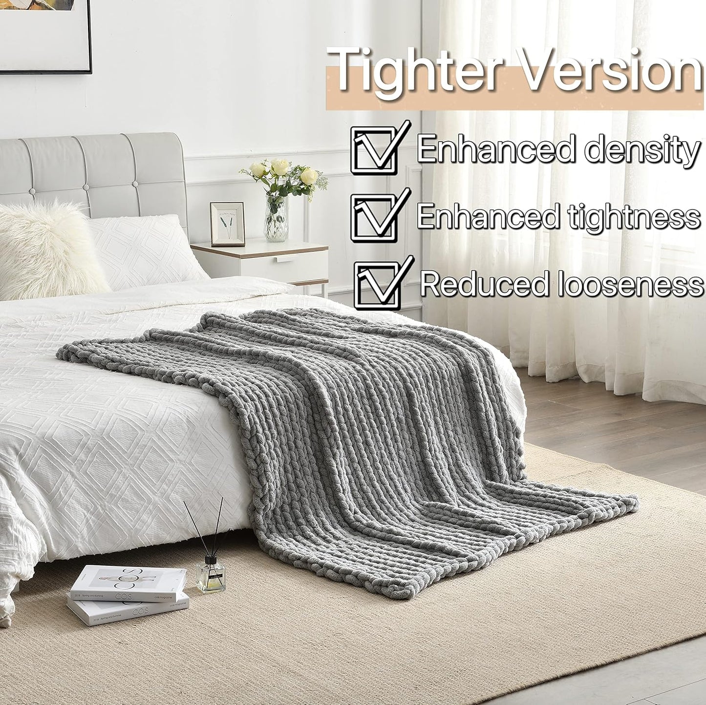 Maetoow Tighter Version Chenille Chunky Knit Blanket Throw （40×50 Inch）, Handmade Warm & Cozy Blanket Couch, Bed, Home Decor, Soft Fleece Banket, Boho Thick Blankets and Giant Yarn Throws，Light Grey