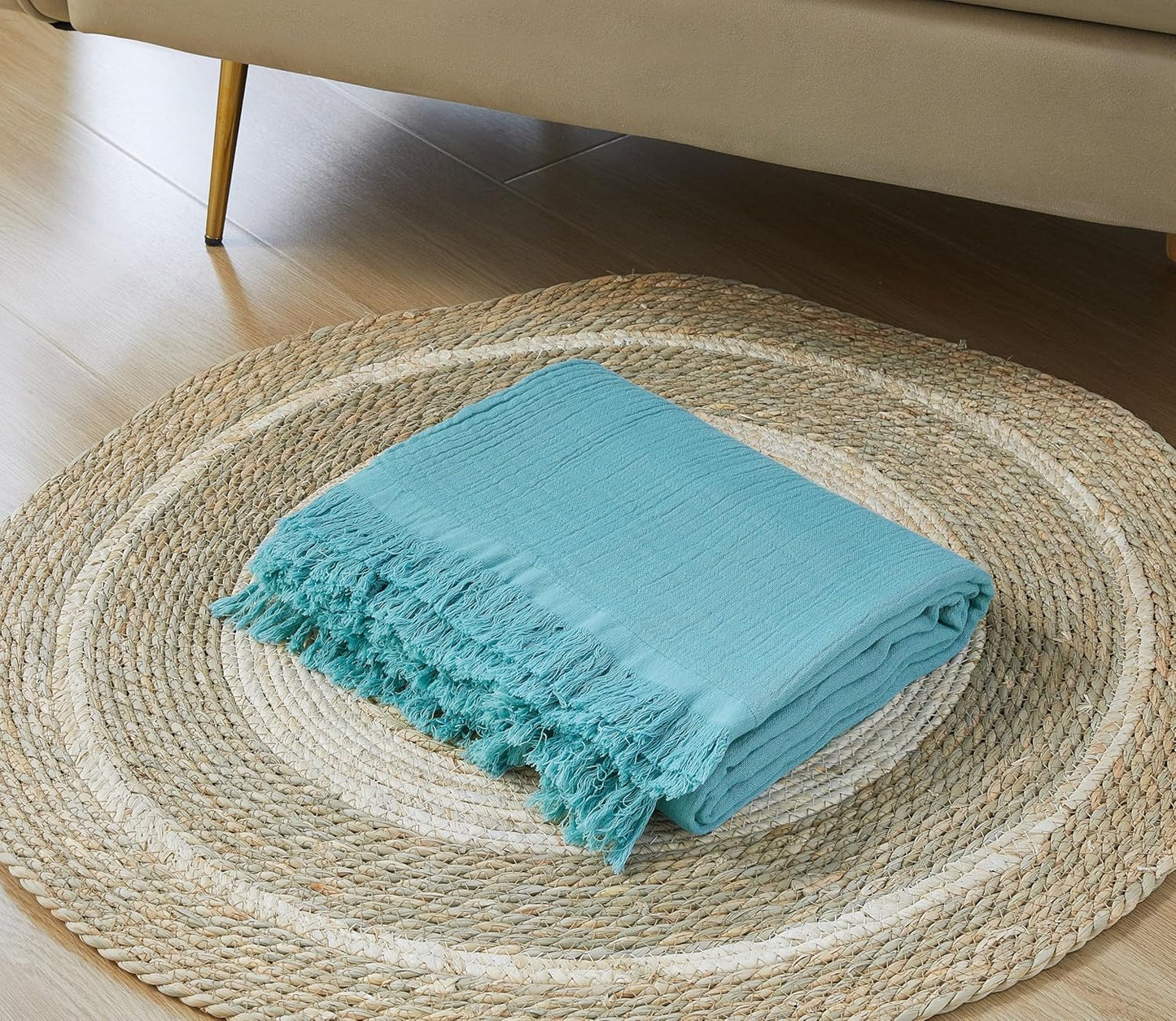 100% Cotton Muslin Throw Blanket for Bed, Couch, Small, Decorative, Soft, Pre-Washed, Breathable and Lightweight Gauze Blanket with Fringes, Suitable for All Seasons, Teal, 50"x60"