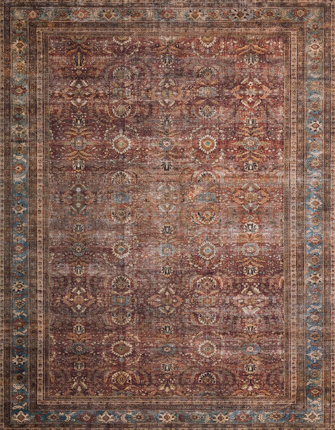Loloi Layla Collection LAY-01 Brick/Blue 2'-6" x 7'-6" .13" Thick Runner Rug, Soft, Durable, Vintage Inspired, Distressed, Low Pile, Non-Shedding, Easy Clean, Printed, Living Room Rug