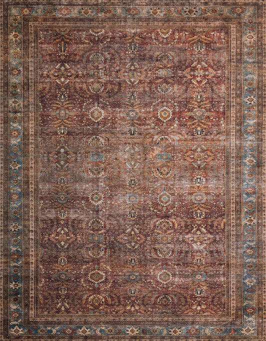 Loloi Layla Collection LAY-01 Brick/Blue 5'-0" x 7'-6" .13" Thick Area Rug, Soft, Durable, Vintage Inspired, Distressed, Low Pile, Non-Shedding, Easy Clean, Printed, Living Room Rug