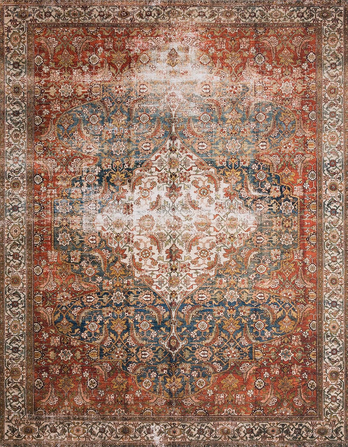 Loloi Layla Collection LAY-05 Ocean/Multi 3'-6" x 5'-6" .13" Thick Accent Rug, Soft, Durable, Vintage Inspired, Distressed, Low Pile, Non-Shedding, Easy Clean, Printed, Living Room Rug