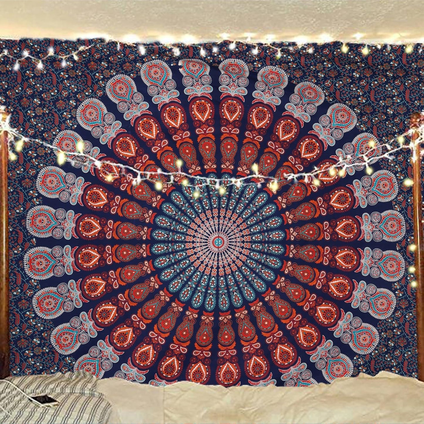 Bless International Handmade Indian hippie Bohemian Psychedelic Peacock Mandala Wall hanging College Dorm Beach Throws Table Cloth Bedding Tapestry (Golden Blue White, Queen(84x90Inches)(215x230Cms))