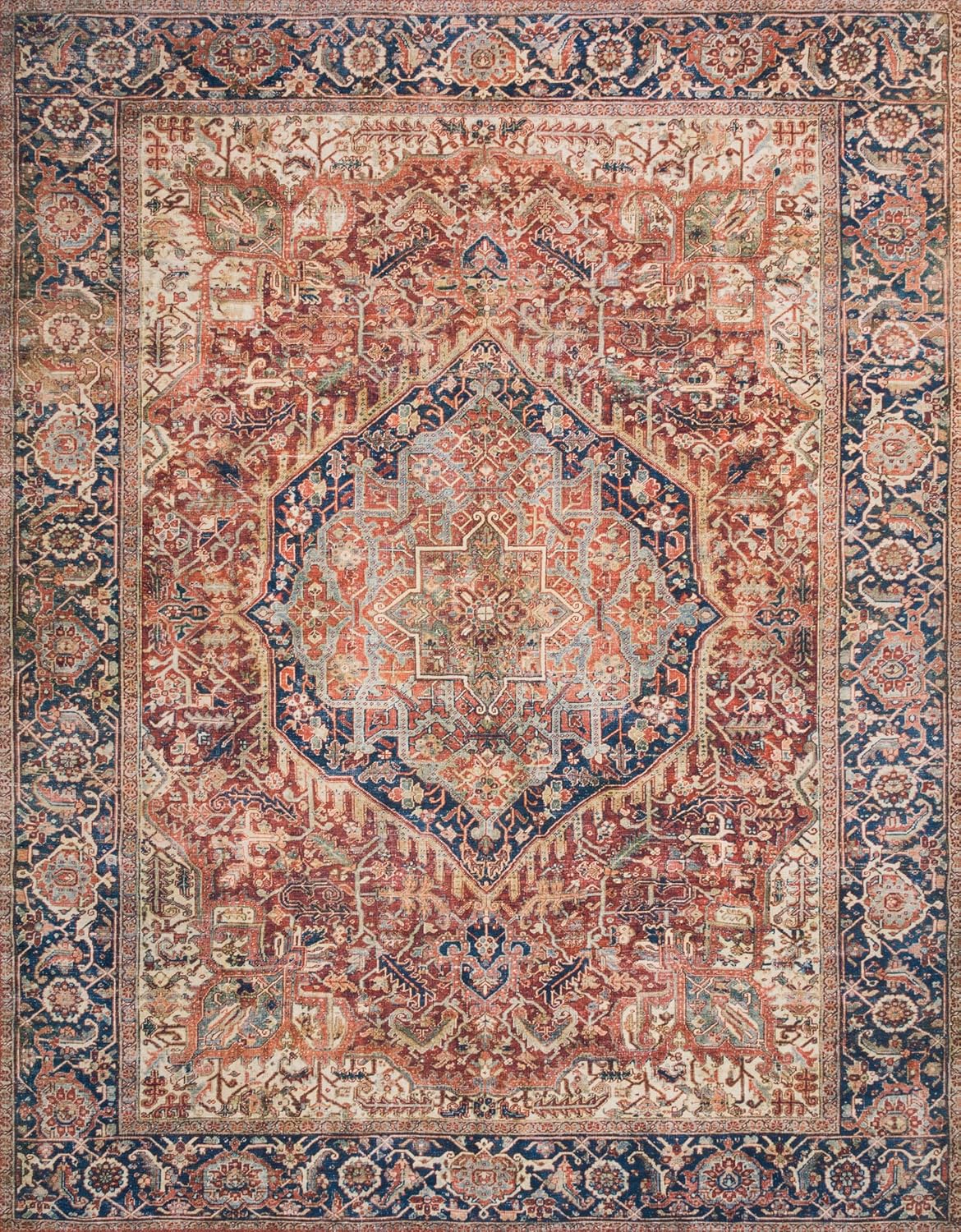 Loloi Layla Collection LAY-08 Red/Navy 2'-6" x 12'-0" .13" Thick Runner Rug, Soft, Durable, Vintage Inspired, Distressed, Low Pile, Non-Shedding, Easy Clean, Printed, Living Room Rug