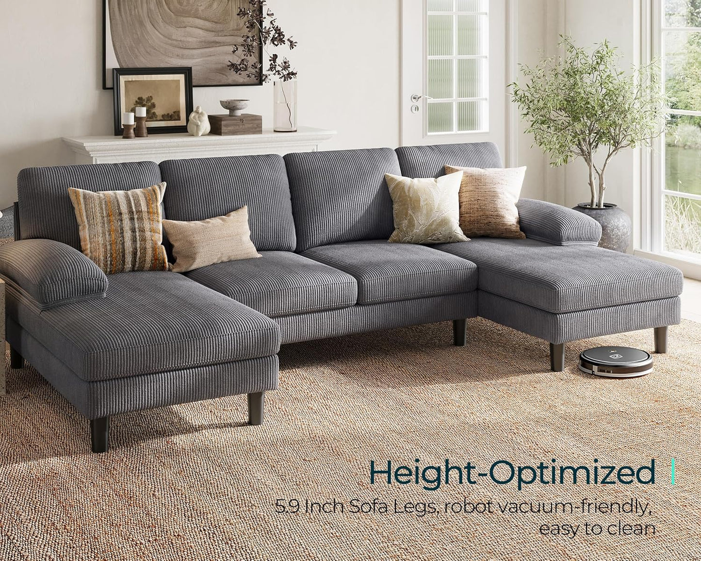 LINSY HOME Sectional Couch, 111'' W Corduroy U Shaped Sofa with Sleepable Armrests, 4 Seat Couch with Double Chaises, Deep Sofa for Living Room, Grey