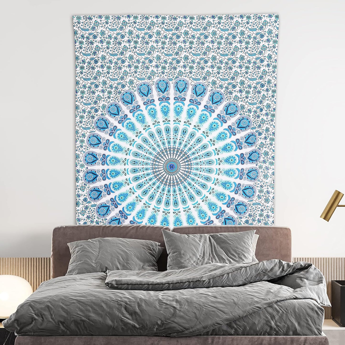 Bless International Handmade Indian hippie Bohemian Psychedelic Peacock Mandala Wall hanging College Dorm Beach Throws Table Cloth Bedding Tapestry (Peacock Sky Blue, Twin(54x72Inches)(140x185cms))