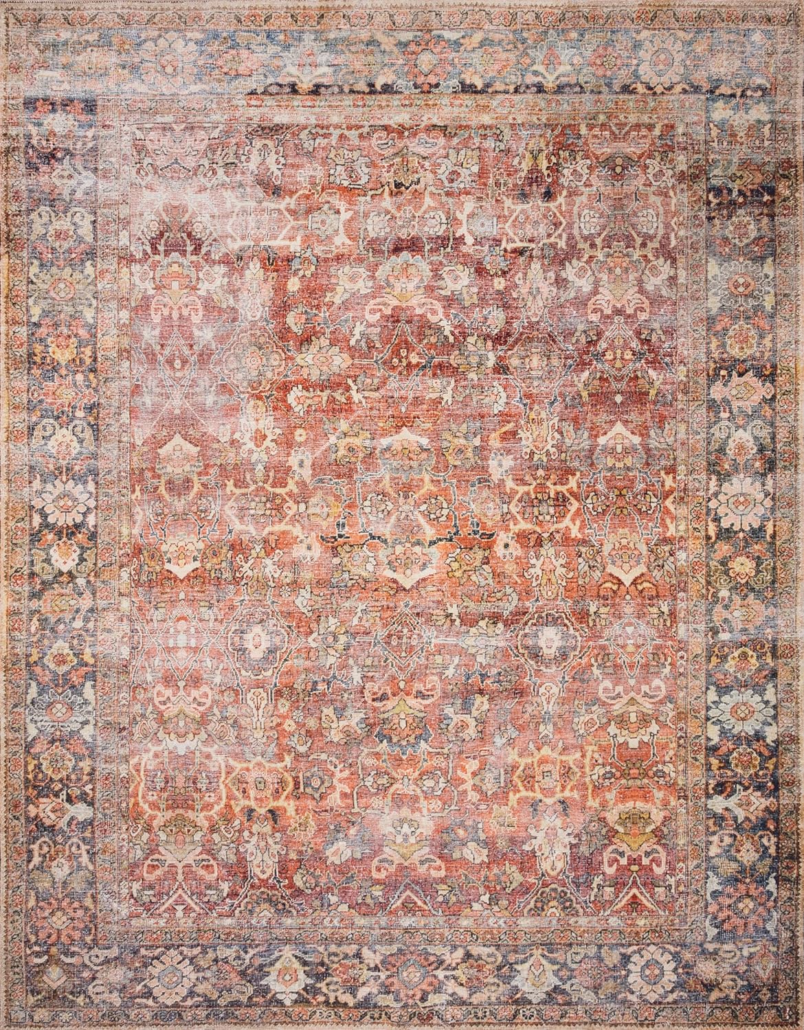 Loloi Layla Collection LAY-02 Spice/Marine 2'-0" x 5'-0" .13" Thick Accent Rug, Soft, Durable, Vintage Inspired, Distressed, Low Pile, Non-Shedding, Easy Clean, Printed, Living Room Rug
